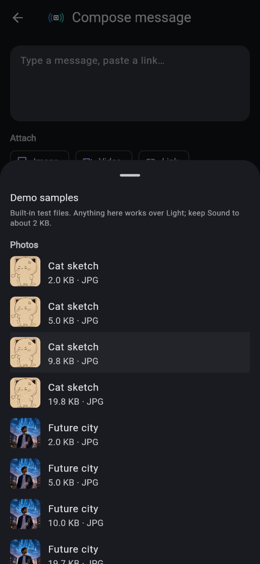 Demo samples panel: the heading Demo samples, the line Built-in test files, and a Photos list with thumbnails, for example Cat sketch 2.0 KB JPG and Future city 5.0 KB JPG