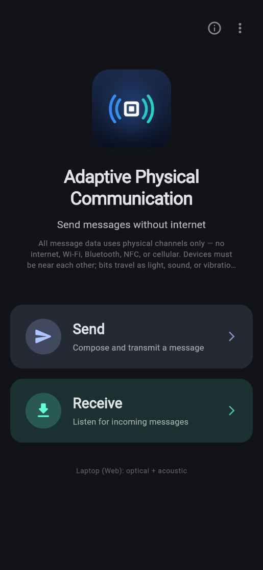 Home screen with Send and Receive buttons
