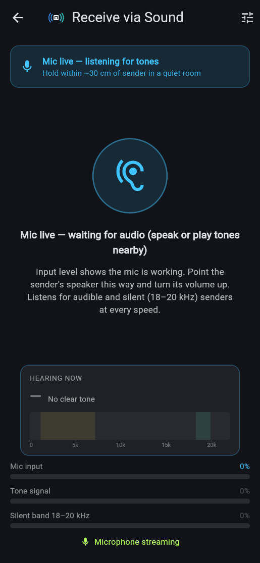 Receiver listening over Sound, with the Hearing now frequency readout and level meters