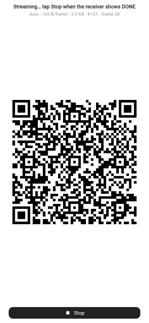 Sender streaming an animated QR code over Light